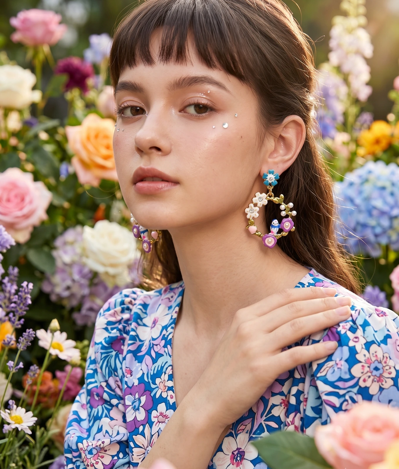Colourful floral earrings styled with a floral outfit